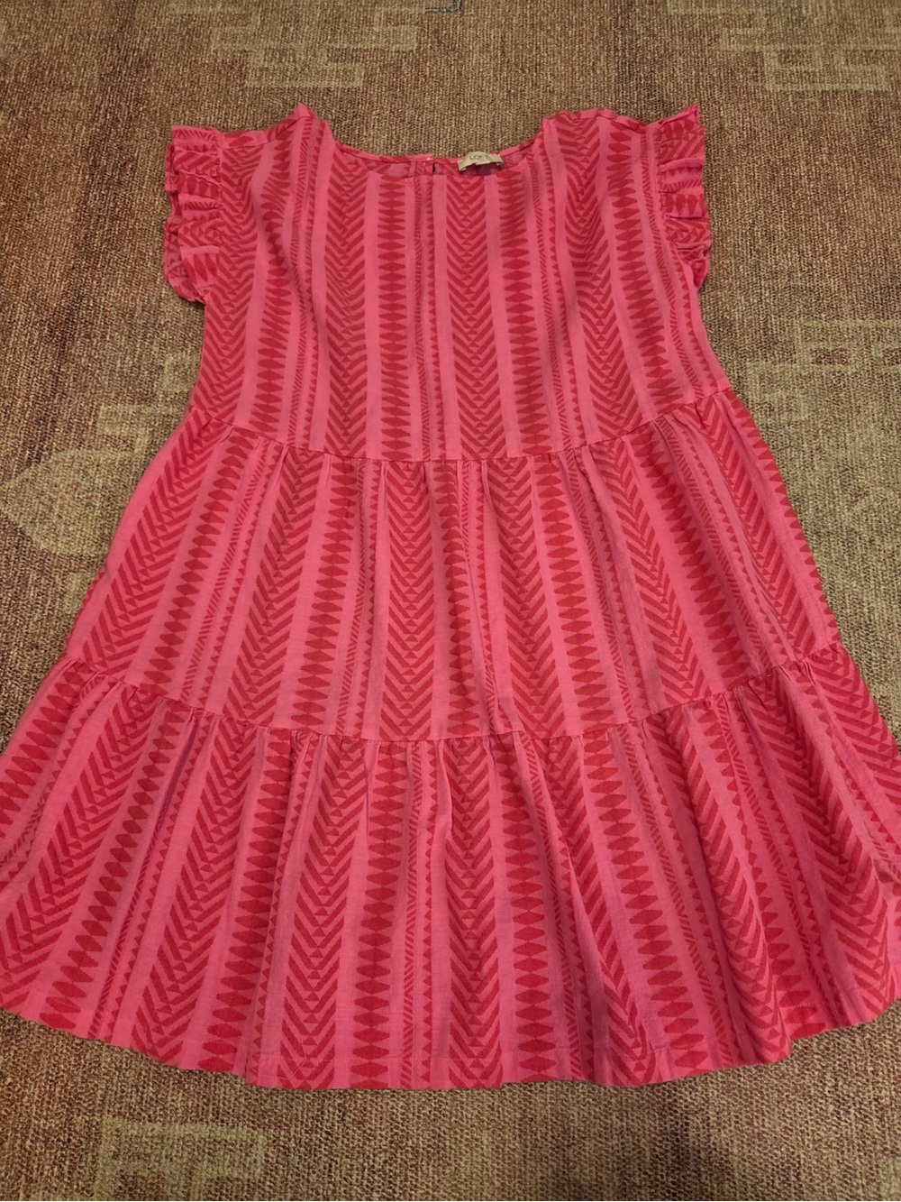 Loft outlet soft woven boho print pink/ red babydoll tiered flutter slv dress lg